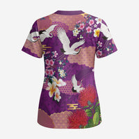 Hawaiian and Japanese Culture Together Scrub Top Purple Ohia Lehua Plumeria and Sakura Blooming LT03 - Polynesian Pride