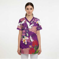 Hawaiian and Japanese Culture Together Scrub Top Purple Ohia Lehua Plumeria and Sakura Blooming LT03 - Polynesian Pride
