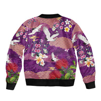 Hawaiian and Japanese Culture Together Sleeve Zip Bomber Jacket Purple Ohia Lehua Plumeria and Sakura Blooming LT03 - Polynesian Pride