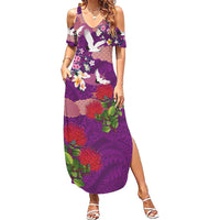 Hawaiian and Japanese Culture Together Summer Maxi Dress Purple Ohia Lehua Plumeria and Sakura Blooming LT03 Women Purple - Polynesian Pride