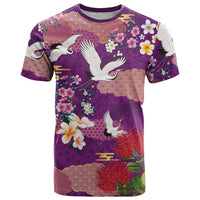 Hawaiian and Japanese Culture Together T Shirt Purple Ohia Lehua Plumeria and Sakura Blooming LT03 Purple - Polynesian Pride
