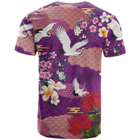 Hawaiian and Japanese Culture Together T Shirt Purple Ohia Lehua Plumeria and Sakura Blooming LT03 - Polynesian Pride