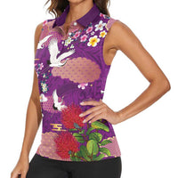 Hawaiian and Japanese Culture Together Women Sleeveless Polo Shirt Purple Ohia Lehua Plumeria and Sakura Blooming - Polynesian Pride