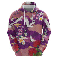 Hawaiian and Japanese Culture Together Zip Hoodie Purple Ohia Lehua Plumeria and Sakura Blooming LT03 - Polynesian Pride