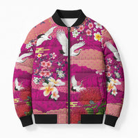 Hawaiian and Japanese Culture Together Bomber Puffer Jacket Pink Ohia Lehua Plumeria and Sakura Blooming LT03 Unisex Pink - Polynesian Pride