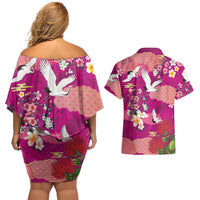Hawaiian and Japanese Culture Together Couples Matching Off Shoulder Short Dress and Hawaiian Shirt Pink Ohia Lehua Plumeria and Sakura Blooming LT03 - Polynesian Pride