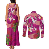 Hawaiian and Japanese Culture Together Couples Matching Tank Maxi Dress and Long Sleeve Button Shirt Pink Ohia Lehua Plumeria and Sakura Blooming LT03 - Polynesian Pride