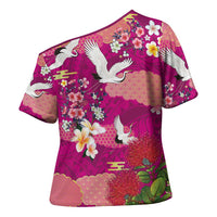 Hawaiian and Japanese Culture Together Cross Shoulder Shirt Pink Ohia Lehua Plumeria and Sakura Blooming LT03 - Polynesian Pride