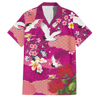 Hawaiian and Japanese Culture Together Family Matching Off The Shoulder Long Sleeve Dress and Hawaiian Shirt Pink Ohia Lehua Plumeria and Sakura Blooming LT03 Dad's Shirt - Short Sleeve Pink - Polynesian Pride