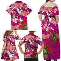 Hawaiian and Japanese Culture Together Family Matching Off Shoulder Maxi Dress and Hawaiian Shirt Pink Ohia Lehua Plumeria and Sakura Blooming LT03 - Polynesian Pride