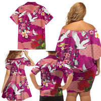 Hawaiian and Japanese Culture Together Family Matching Off Shoulder Short Dress and Hawaiian Shirt Pink Ohia Lehua Plumeria and Sakura Blooming LT03 - Polynesian Pride