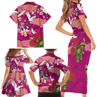 Hawaiian and Japanese Culture Together Family Matching Short Sleeve Bodycon Dress and Hawaiian Shirt Pink Ohia Lehua Plumeria and Sakura Blooming LT03 - Polynesian Pride