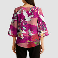 Hawaiian and Japanese Culture Together Kimono Sleeve Blouse Pink Ohia Lehua Plumeria and Sakura Blooming LT03 - Polynesian Pride