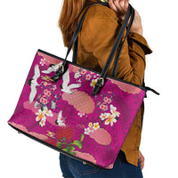 Hawaiian and Japanese Culture Together Leather Tote Bag Pink Ohia Lehua Plumeria and Sakura Blooming LT03 - Polynesian Pride