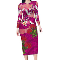 Hawaiian and Japanese Culture Together Long Sleeve Bodycon Dress Pink Ohia Lehua Plumeria and Sakura Blooming LT03 Long Dress Pink - Polynesian Pride