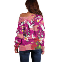 Hawaiian and Japanese Culture Together Off Shoulder Sweater Pink Ohia Lehua Plumeria and Sakura Blooming LT03 - Polynesian Pride