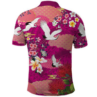 Hawaiian and Japanese Culture Together Polo Shirt Pink Ohia Lehua Plumeria and Sakura Blooming - Polynesian Pride