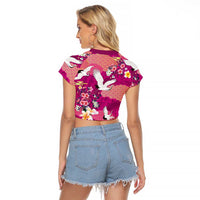 Hawaiian and Japanese Culture Together Raglan Cropped T Shirt Pink Ohia Lehua Plumeria and Sakura Blooming LT03 - Polynesian Pride