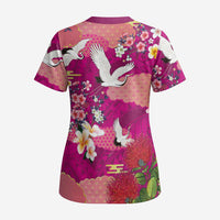 Hawaiian and Japanese Culture Together Scrub Top Pink Ohia Lehua Plumeria and Sakura Blooming LT03 - Polynesian Pride