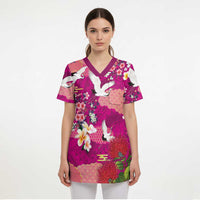 Hawaiian and Japanese Culture Together Scrub Top Pink Ohia Lehua Plumeria and Sakura Blooming LT03 - Polynesian Pride