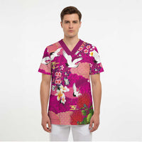 Hawaiian and Japanese Culture Together Scrub Top Pink Ohia Lehua Plumeria and Sakura Blooming LT03 - Polynesian Pride