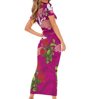 Hawaiian and Japanese Culture Together Short Sleeve Bodycon Dress Pink Ohia Lehua Plumeria and Sakura Blooming LT03 - Polynesian Pride