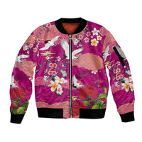 Hawaiian and Japanese Culture Together Sleeve Zip Bomber Jacket Pink Ohia Lehua Plumeria and Sakura Blooming LT03 Unisex Pink - Polynesian Pride