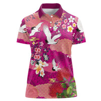 Hawaiian and Japanese Culture Together Women Polo Shirt Pink Ohia Lehua Plumeria and Sakura Blooming LT03 Female Pink - Polynesian Pride