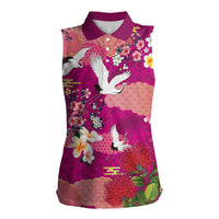 Hawaiian and Japanese Culture Together Women Sleeveless Polo Shirt Pink Ohia Lehua Plumeria and Sakura Blooming LT03 Female Pink - Polynesian Pride