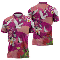 Hawaiian and Japanese Culture Together Zipper Polo Shirt Pink Ohia Lehua Plumeria and Sakura Blooming LT03 - Polynesian Pride