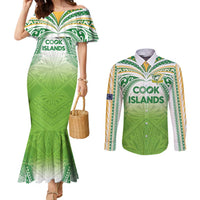 Custom Cook Islands Rugby League Couples Matching Mermaid Dress and Long Sleeve Button Shirt Tatau Tribal Motifs-Light Green Color LT03 Green - Polynesian Pride