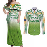 Custom Cook Islands Rugby League Couples Matching Off Shoulder Maxi Dress and Long Sleeve Button Shirt Tatau Tribal Motifs-Light Green Color LT03 Green - Polynesian Pride