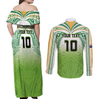 Custom Cook Islands Rugby League Couples Matching Off Shoulder Maxi Dress and Long Sleeve Button Shirt Tatau Tribal Motifs-Light Green Color LT03 - Polynesian Pride