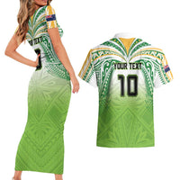Custom Cook Islands Rugby League Couples Matching Short Sleeve Bodycon Dress and Hawaiian Shirt Tatau Tribal Motifs-Light Green Color LT03 - Polynesian Pride