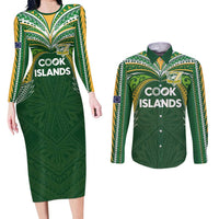 Custom Cook Islands Rugby League Couples Matching Long Sleeve Bodycon Dress and Long Sleeve Button Shirt Tatau Tribal Motifs-Dark Green Color LT03 Green - Polynesian Pride