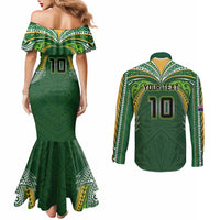 Custom Cook Islands Rugby League Couples Matching Mermaid Dress and Long Sleeve Button Shirt Tatau Tribal Motifs-Dark Green Color LT03 - Polynesian Pride