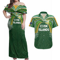Custom Cook Islands Rugby League Couples Matching Off Shoulder Maxi Dress and Hawaiian Shirt Tatau Tribal Motifs-Dark Green Color LT03 Green - Polynesian Pride