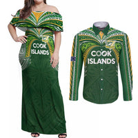 Custom Cook Islands Rugby League Couples Matching Off Shoulder Maxi Dress and Long Sleeve Button Shirt Tatau Tribal Motifs-Dark Green Color LT03 Green - Polynesian Pride