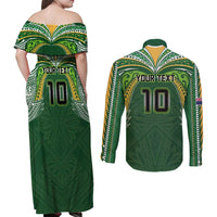Custom Cook Islands Rugby League Couples Matching Off Shoulder Maxi Dress and Long Sleeve Button Shirt Tatau Tribal Motifs-Dark Green Color LT03 - Polynesian Pride