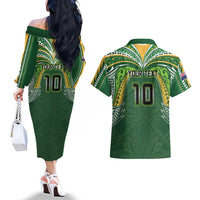 Custom Cook Islands Rugby League Couples Matching Off The Shoulder Long Sleeve Dress and Hawaiian Shirt Tatau Tribal Motifs-Dark Green Color LT03 - Polynesian Pride