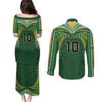Custom Cook Islands Rugby League Couples Matching Puletasi and Long Sleeve Button Shirt Tatau Tribal Motifs-Dark Green Color LT03 - Polynesian Pride