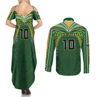 Custom Cook Islands Rugby League Couples Matching Summer Maxi Dress and Long Sleeve Button Shirt Tatau Tribal Motifs-Dark Green Color LT03 - Polynesian Pride