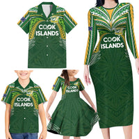 Custom Cook Islands Rugby League Family Matching Long Sleeve Bodycon Dress and Hawaiian Shirt Tatau Tribal Motifs-Dark Green Color LT03 - Polynesian Pride
