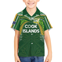 Custom Cook Islands Rugby League Family Matching Off Shoulder Maxi Dress and Hawaiian Shirt Tatau Tribal Motifs-Dark Green Color LT03 Son's Shirt Green - Polynesian Pride