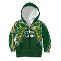Custom Cook Islands Rugby League Kid Hoodie Tatau Tribal Motifs-Dark Green Color LT03 Zip Hoodie Green - Polynesian Pride