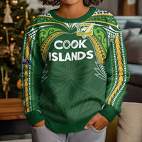 Custom Cook Islands Rugby League Kid Ugly Christmas Sweater Tatau Tribal Motifs-Dark Green Color LT03 - Polynesian Pride