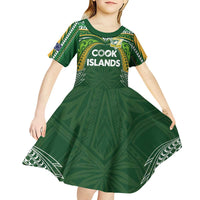 Custom Cook Islands Rugby League Kid Short Sleeve Dress Tatau Tribal Motifs-Dark Green Color LT03 - Polynesian Pride
