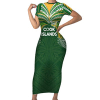 Custom Cook Islands Rugby League Short Sleeve Bodycon Dress Tatau Tribal Motifs-Dark Green Color LT03 Long Dress Green - Polynesian Pride