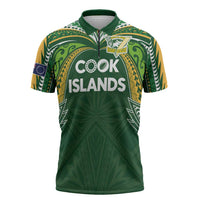 Custom Cook Islands Rugby League Zipper Polo Shirt Tatau Tribal Motifs-Dark Green Color LT03 Green - Polynesian Pride
