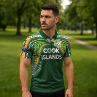 Custom Cook Islands Rugby League Zipper Polo Shirt Tatau Tribal Motifs-Dark Green Color LT03 - Polynesian Pride